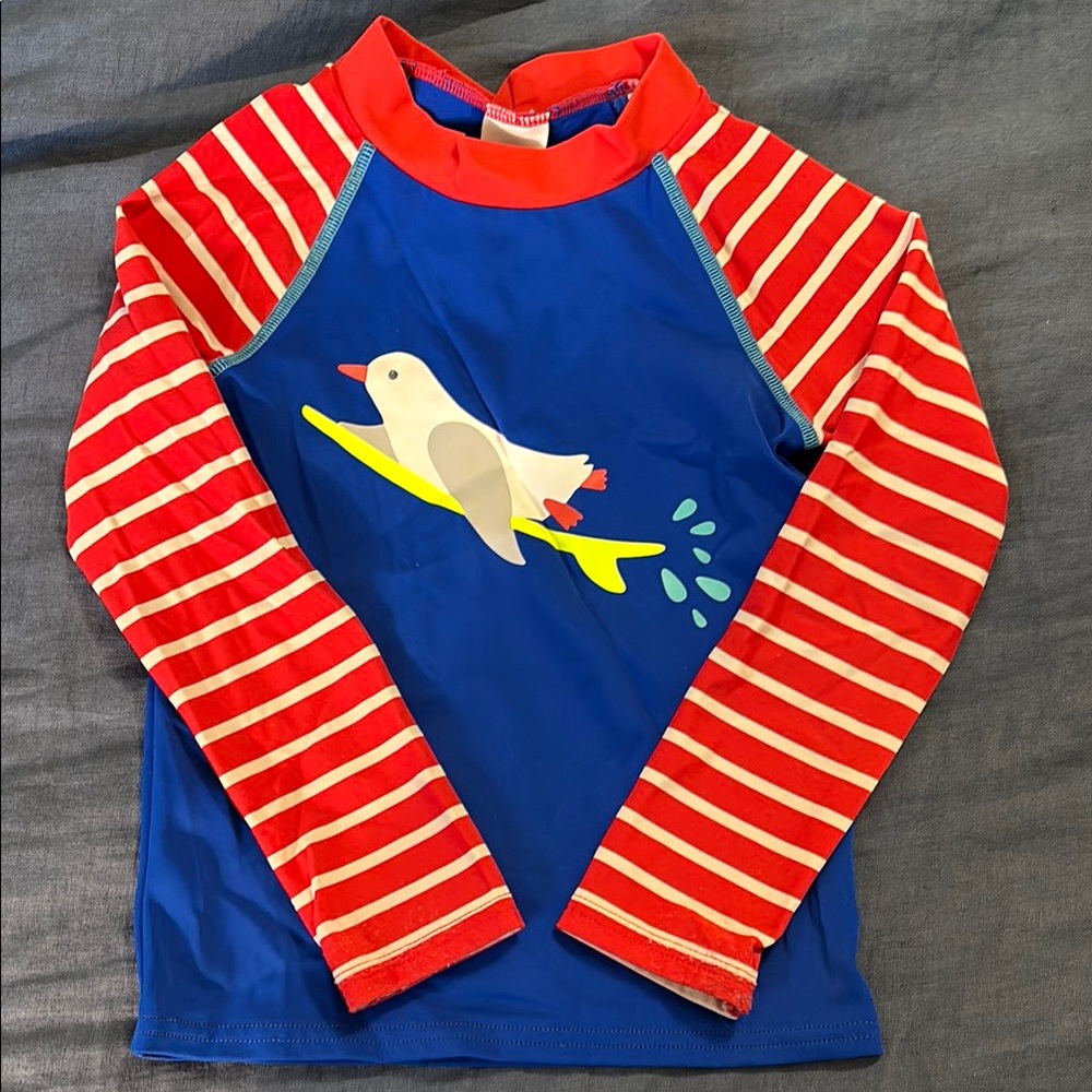 Mini Boden Blue Rashguard with Red & White Striped Sleeves